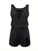 Kadın Askılı Yuvarlak Yaka Lazer Kesim Detaylı Bağcıklı Kısa Viskon Tulum thumbnail 4