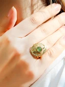 Doğal Taş Yeşil Akik Doğal Taşlı Telkari Modelli Kadın Ayarlanabilir Altın Kaplama Yüzük euy65yag thumbnail 2