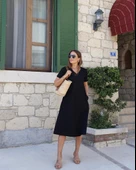 Kadın Kısa Kollu V Yaka Cepli Viskon Elbise - 1