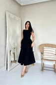 Siyah Yanları Büzgülü Midi Boy Keten Elbise - 2