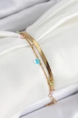 316L Çelik Gold Renk Karışık Renkli Kristal Taşlı 2'li Kadın Bileklik - TJ-BB7093 - 2