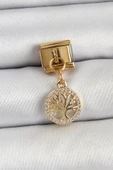 316L Çelik Sallantılı Zirkon Taşlı Hayat Ağacı Model Gold Renk Nomination Charm - TJ-BC1422 - 1