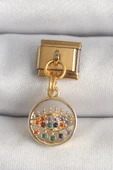 316L Çelik Gold Renk Sallantı Renkli Zirkon Taşlı Göz Model Nomination Charm - TJ-BC1346 - 1