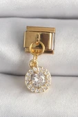 316L Çelik Gold Renk Sallantı Daire Zirkon Taşlı Nomination Charm - TJ-BC1342 - 1