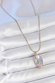 316L Çelik Gold Renk Zincir Mor Mineli Oval İncili Çiçek İşlemeli Portre Model Kadın Kolye - TJ-BKO10177 - 2