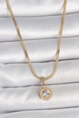 316L Çelik Gold Renk İtalyan Zincir Sallantı Zirkon Taş Model Kadın Kolye - TJ-BKO10124 - 1