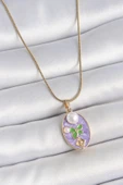 316L Çelik Gold Renk Zincir Mor Mineli Oval İncili Çiçek İşlemeli Portre Model Kadın Kolye - TJ-BKO10177 - 1