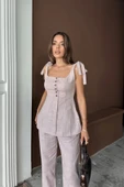 ŞANTUK KETEN YELEK GÖRÜNÜMLÜ  ASKILI BLUZ - PANTOLON TK - Lila - 1