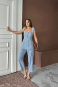 ŞANTUK KETEN YELEK GÖRÜNÜMLÜ  ASKILI BLUZ - PANTOLON TK - Mavi - 1