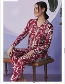 Miss Klein Kadın Büyük Beden Gömlek Yaka Pamuklu Likralı Uzun Kol Pijama Takımı 1129 - 1 Adet  Vişne 3XL thumbnail 1