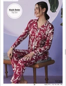 Miss Klein Kadın Büyük Beden Gömlek Yaka Pamuklu Likralı Uzun Kol Pijama Takımı 1129 - 1 Adet  Vişne 3XL thumbnail 2