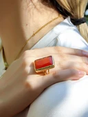 Kedi Gözü Cam Kadın Ayarlanabilir Altın Kaplama Yüzük Kırmızı euy69k thumbnail 1