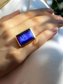 Kedi Gözü Cam Kadın Ayarlanabilir Altın Kaplama Yüzük Saks Mavi euy69sm thumbnail 2