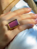 Kedi Gözü Cam Kadın Ayarlanabilir Altın Kaplama Yüzük Pembe euy69p thumbnail 1