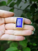 Kedi Gözü Cam Kadın Ayarlanabilir Altın Kaplama Yüzük Saks Mavi euy69sm thumbnail 3