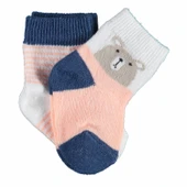 Bibaby Biorganic Hello Teddy Bear 2'Li Kız Çorap 68404 Ekru Somon - 1