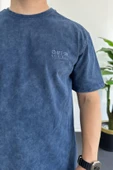 Erkek Oversize Geniş Kesim Yıkamalı Kumaş Nakış Logolu Tişört Mavi Edw366 thumbnail 5