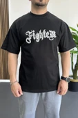 Erkek Oversize Ön ve Arka Kabartmalı Fighter Baskılı Tişört Siyah Edw367 thumbnail 2