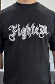 Erkek Oversize Ön ve Arka Kabartmalı Fighter Baskılı Tişört Siyah Edw367 thumbnail 5