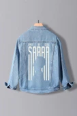 Erkek Slim Fit Sırt Baskılı Denim Kot Ceket Açık Mavi Edw372 - 1
