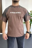 Erkek Oversize Ön ve arka baskılı Desenli Tişört Kahverengi Edw369 thumbnail 1