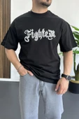 Erkek Oversize Ön ve Arka Kabartmalı Fighter Baskılı Tişört Siyah Edw367 thumbnail 3