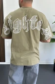 Erkek Oversize Ön ve Arka Kabartmalı Fighter Baskılı Tişört Yeşil Edw367 - 1