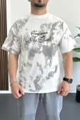 Erkek Oversize Ön ve Arka Kabartmalı Slogan Baskılı Tişört Beyaz Edw368 - 1