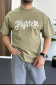 Erkek Oversize Ön ve Arka Kabartmalı Fighter Baskılı Tişört Yeşil Edw367 - 3