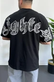 Erkek Oversize Ön ve Arka Kabartmalı Fighter Baskılı Tişört Siyah Edw367 thumbnail 1