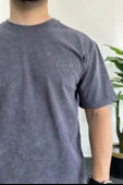 Erkek Oversize Geniş Kesim Yıkamalı Kumaş Nakış Logolu Tişört Füme Edw366 - 5