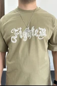 Erkek Oversize Ön ve Arka Kabartmalı Fighter Baskılı Tişört Yeşil Edw367 - 6