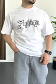 Erkek Oversize Ön ve Arka Kabartmalı Fighter Baskılı Tişört Beyaz Edw367 thumbnail 3