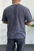 Erkek Oversize Geniş Kesim Yıkamalı Kumaş Nakış Logolu Tişört Füme Edw366 - 4