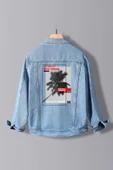 Erkek Slim Fit Sırt Baskılı Denim Kot Ceket Açık Mavi Edw378 - 1