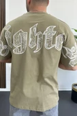 Erkek Oversize Ön ve Arka Kabartmalı Fighter Baskılı Tişört Yeşil Edw367 - 5