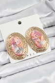 Pirinç Mermer Desenlli Pembe Sedef Oval Vintage Model Gold Renk Kadın Küpe - 1