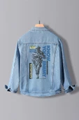 Erkek Slim Fit Sırt Baskılı Denim Kot Ceket Açık Mavi Edw371 - 1