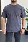Erkek Oversize Geniş Kesim Yıkamalı Kumaş Nakış Logolu Tişört Füme Edw366 - 2