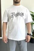 Erkek Oversize Ön ve Arka Kabartmalı Fighter Baskılı Tişört Beyaz Edw367 thumbnail 2
