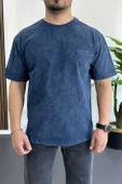 Erkek Oversize Geniş Kesim Yıkamalı Kumaş Nakış Logolu Tişört Mavi Edw366 thumbnail 2