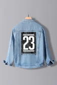 Erkek Slim Fit Sırt Baskılı Denim Kot Ceket Açık Mavi Edw379 - 1