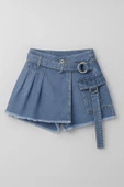 Kadın Yüksek Bel Kemerli Jean Şort Etek - 1
