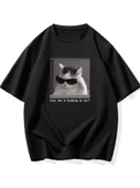 Baskılı Oversize Bisiklet Yaka T-shirt - Siyah - 1