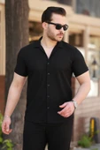 Erkek Ottoman Kumaş Apaj Yaka Kısa Kollu Gömlek - 1
