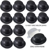   Siyah Renk Simli Melon Yuvarlak Parti Şapkası 12 Adet - 1