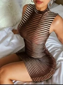 Kadın Sıfır Kol Desenli Mini Bodycon Dalgıç Elbise - 3