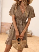 Kadın Kısa Kelebek Kollu Kruvaze Yakalı Belden Kuşaklı Kısa Desenli Süprem Elbise - 4