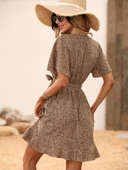 Kadın Kısa Kelebek Kollu Kruvaze Yakalı Belden Kuşaklı Kısa Desenli Süprem Elbise - 5