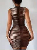Kadın Sıfır Kol Desenli Mini Bodycon Dalgıç Elbise - 5